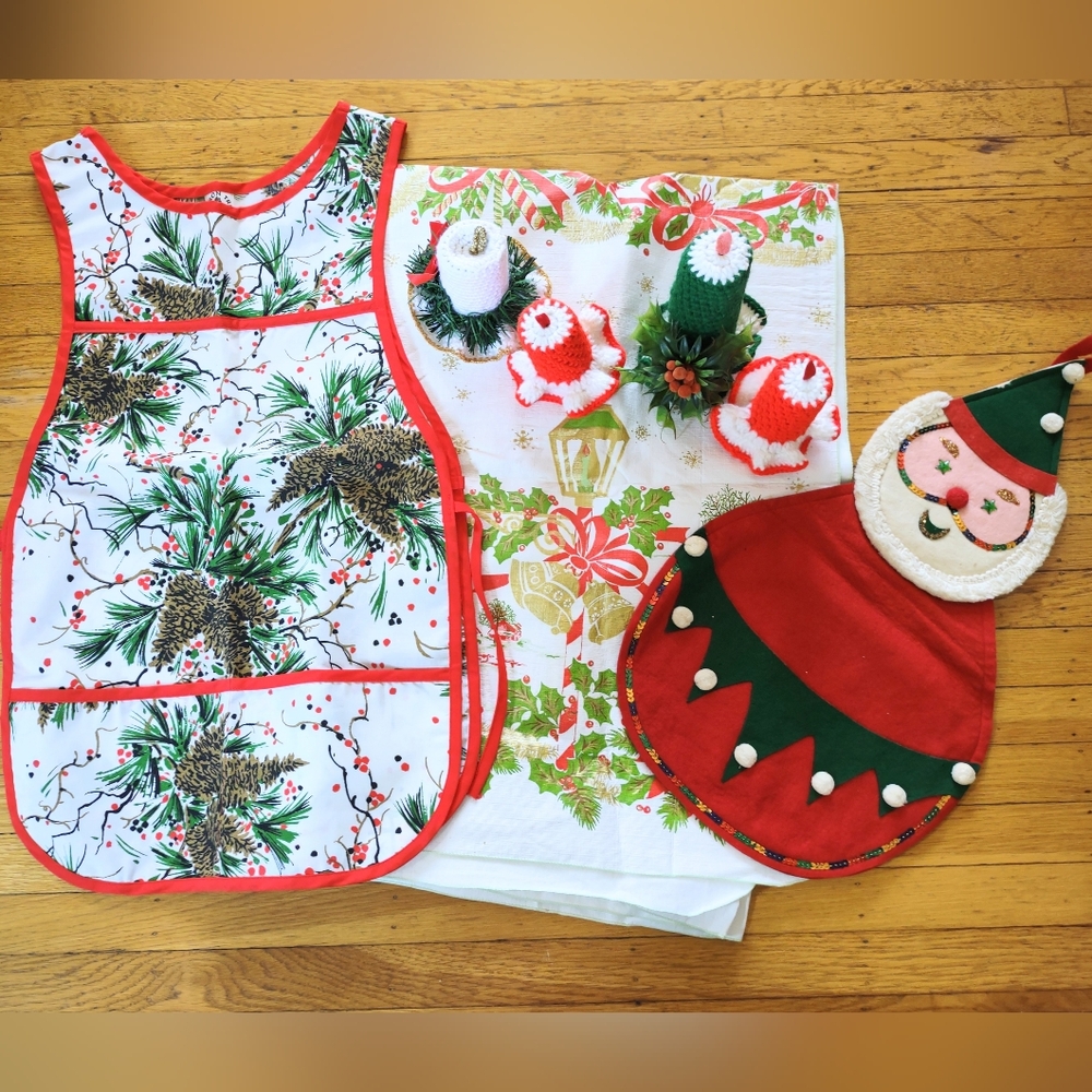 Vintage Christmas lot kitsch tablecloth, apron, decor